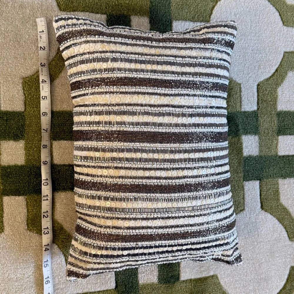 🧸 Striped Beaded Accent Pillow in Cream, Bronze, & Silver